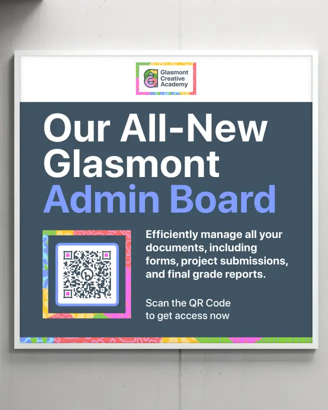 An academy's announcement board with a QR Code to get access to an admin board.