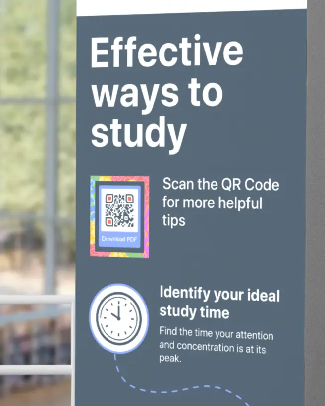 An academy's informational display about effective ways to study.
