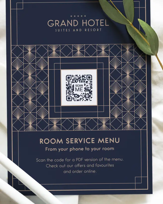 A hotel's room service menu with a qr code in the middle.