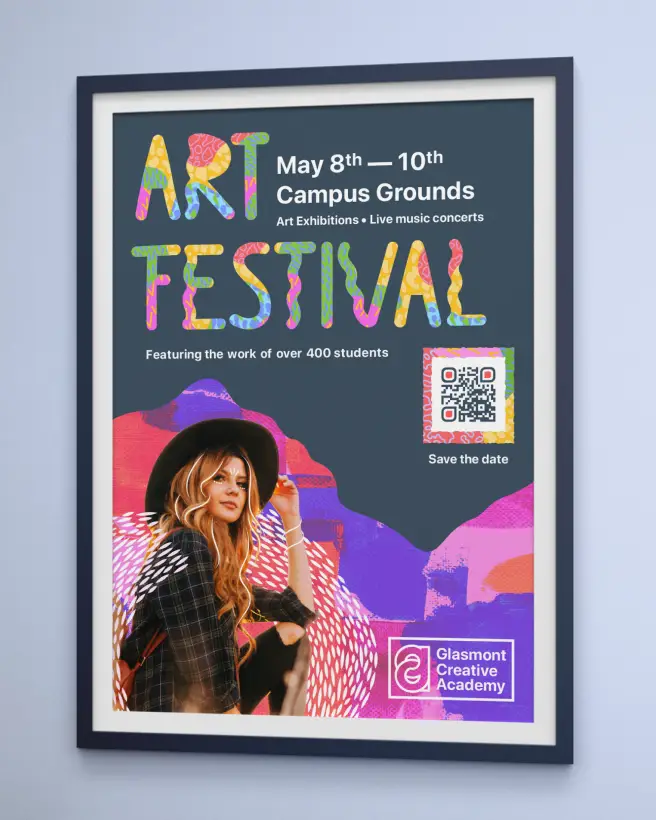 An academy's Art Festival save-the-date poster advertisement on a wall.