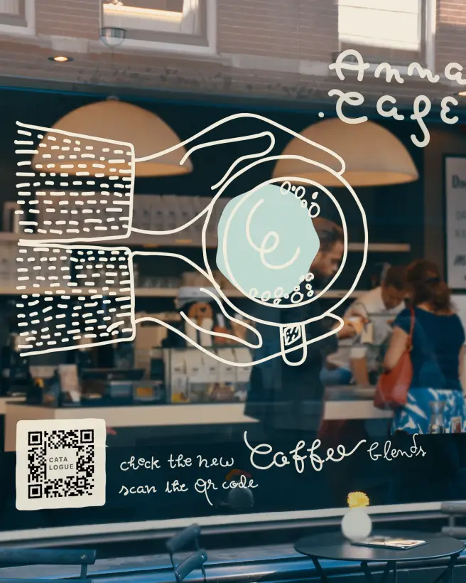 Cafe window display with hands around a coffee and a QR Code underneath.