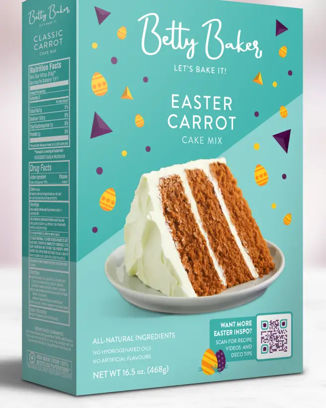 Closeup of a turquoise cake mix box featuring a plate with a large slice of cake on it and a QR Code for deco tip.