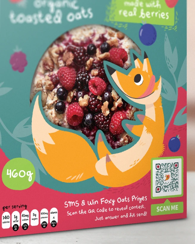 Closeup of a colorful cereal box showing berries and oats and a QR Code to scan and enter a contest.
