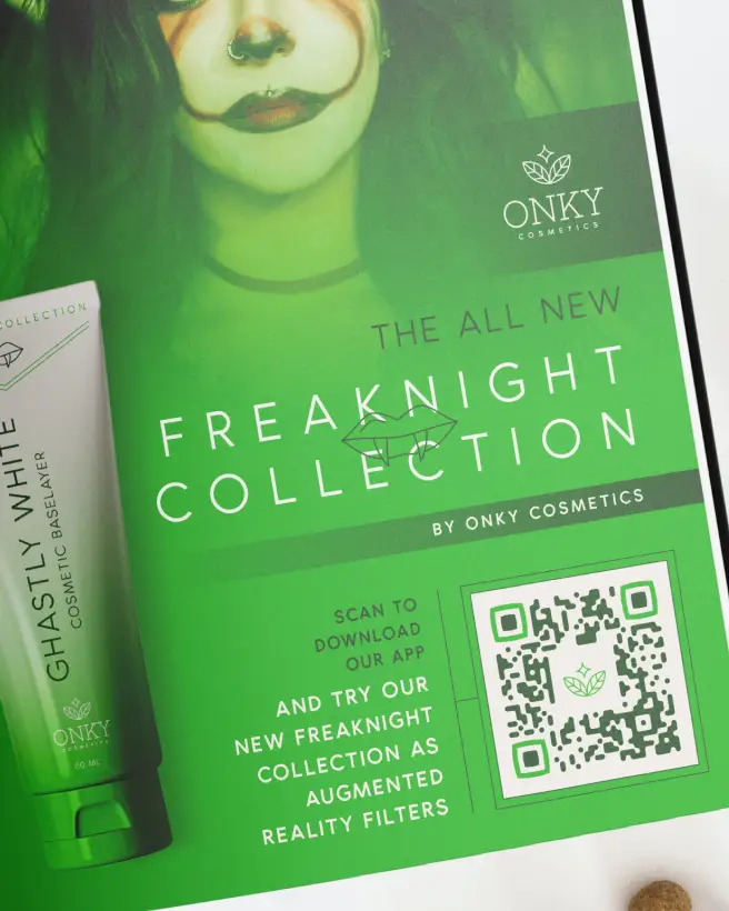 Closeup of a green magazine advertisement for a cosmetic product and a QR Code to scan for AR filters.