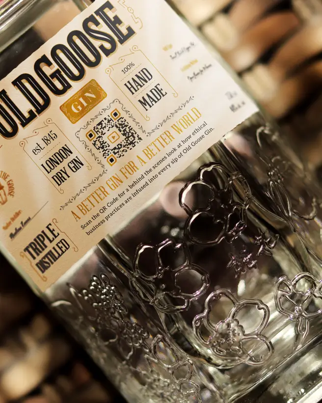 Closeup of a gin bottle and label featuring a QR Code.