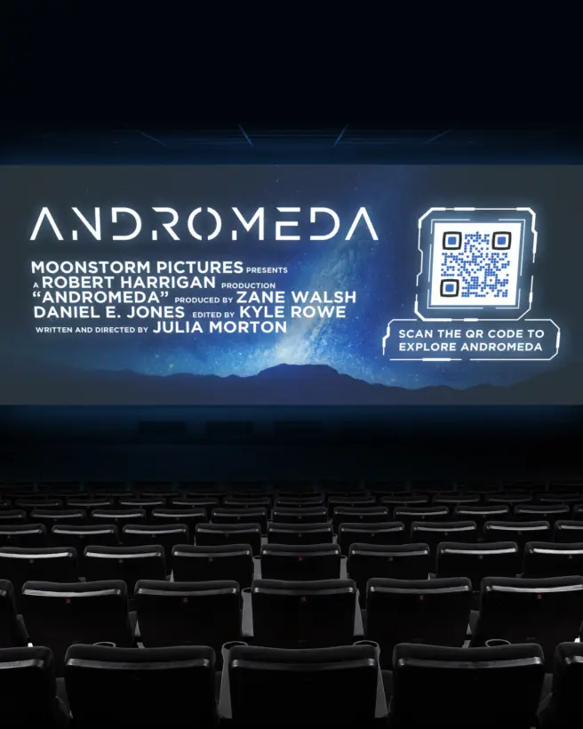 Movie ad on a cinema screen with a QR Code to explore more.
