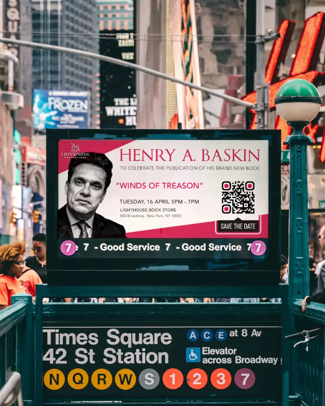 Book release event advertisement with a QR Code above a subway entrance in Times Square.