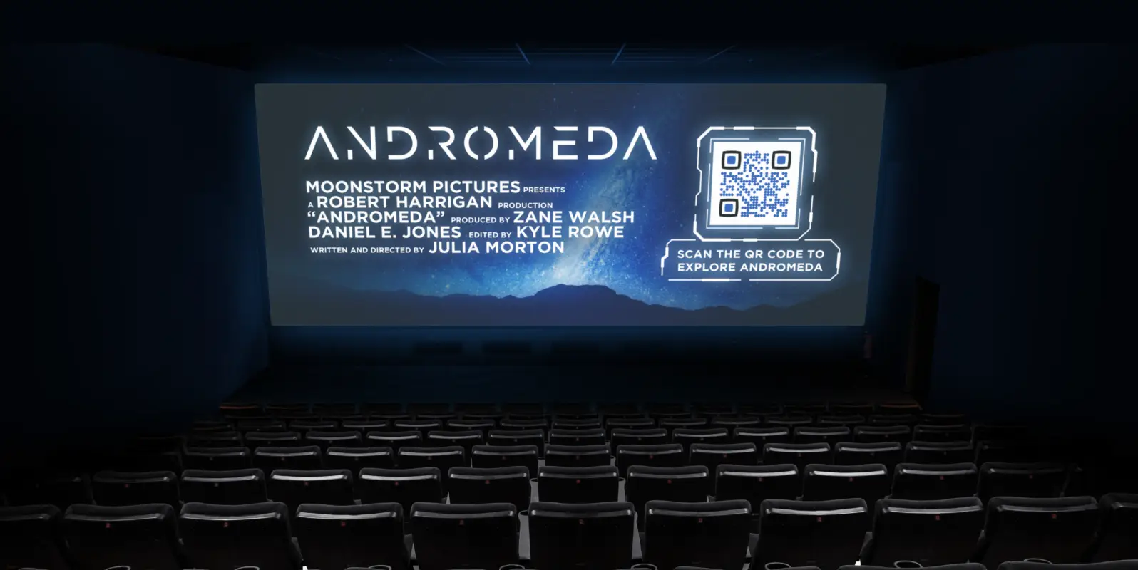 Movie ad on a cinema screen with a QR Code to explore more.