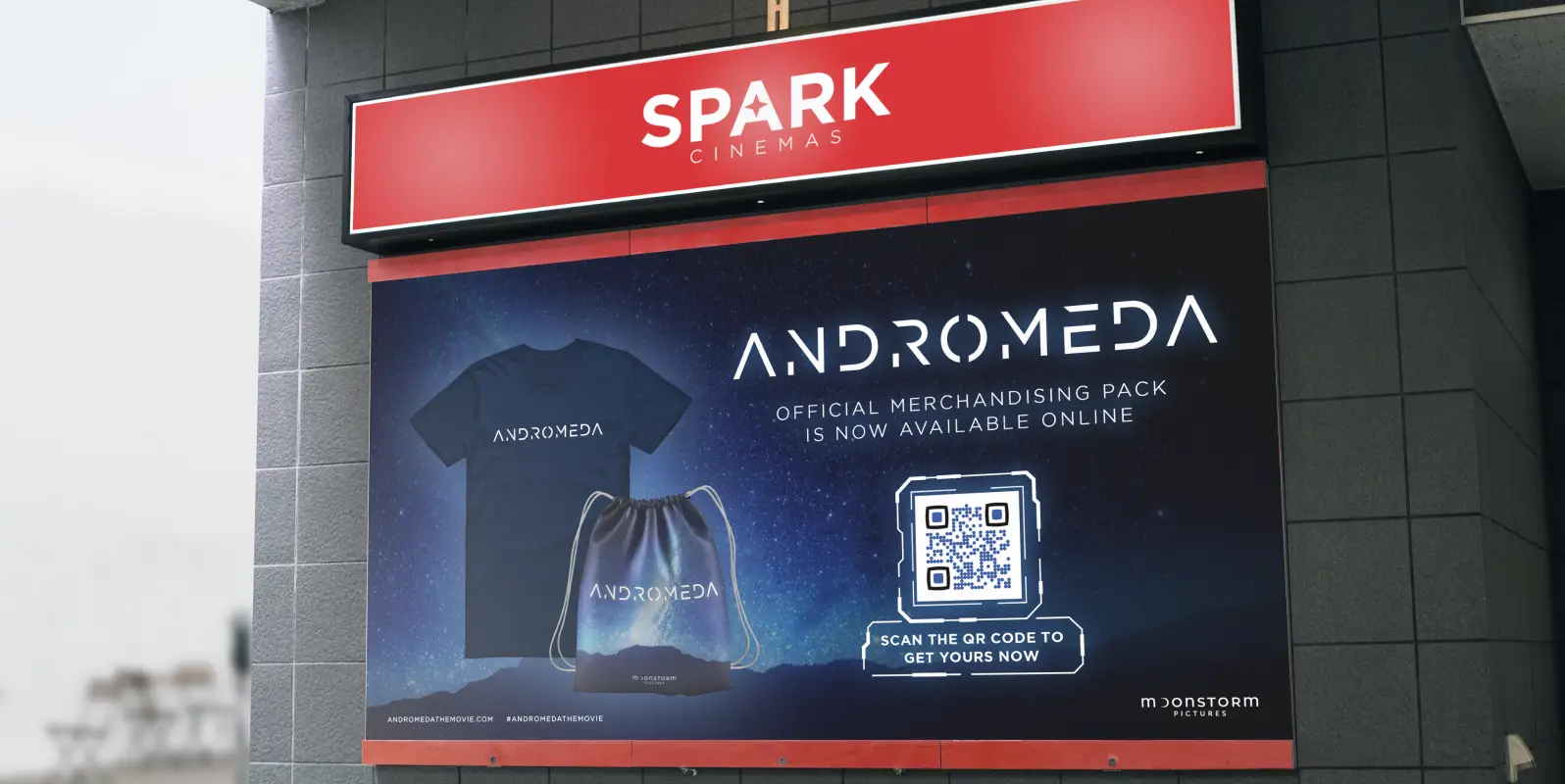 Movie poster ad with a tshirt and drawstring backpack on it and a QR Code to scan to get movie merchandise online.
