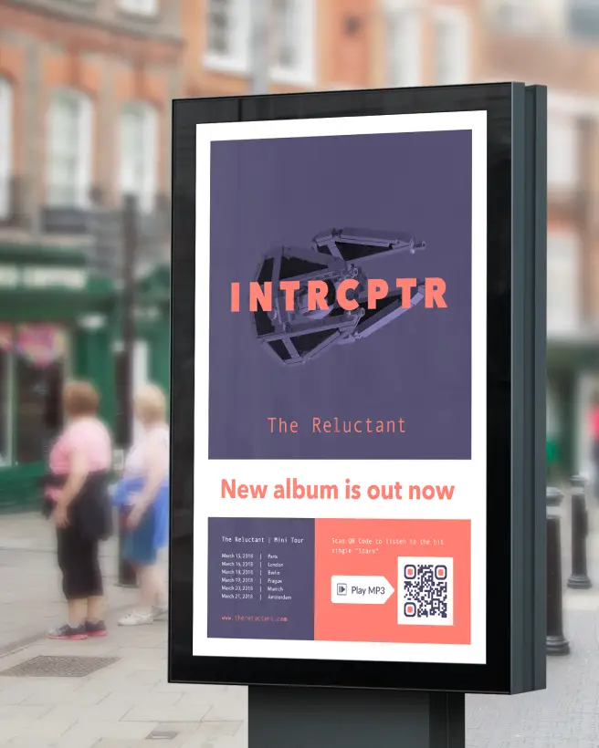 Poser ad for a new album announcement with a QR Code on it to play a sample.