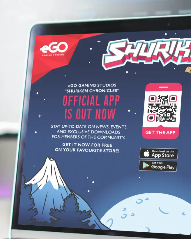 Tablet showing a video game add with a QR Code on it to download the app.