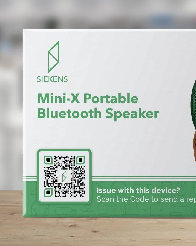 White and green bluetooth speaker packaging zoomed in on the QR Code.