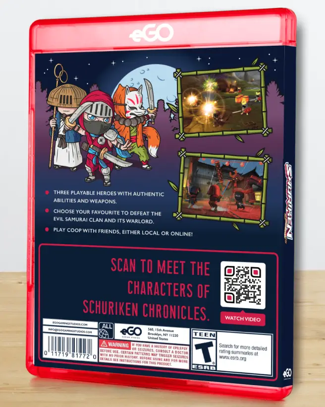 The back of a video game box showing scenes from the game and characters and with a QR Code on it.