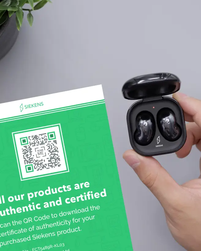 Closeup of a product authentication card with a QR Code on it and a hands holding an open case with bluetooth earphones in it.