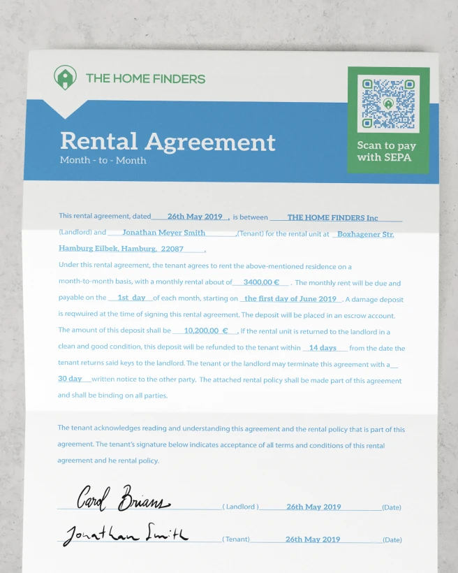 A rental agreement with a QR Code for rent payments in the top right corner.