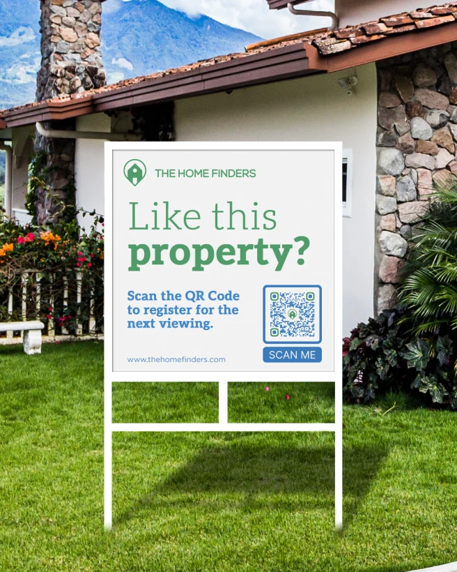 A large poster in front of a house. A QR Code allows scanners to register for a viewing of the property.