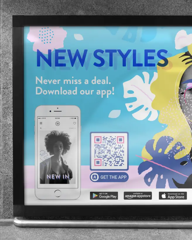 Retailer's colorful poster ad promoting its app download via QR Code.