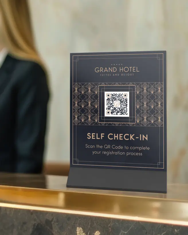 Hotel's self check-in sign on the check-in counter.