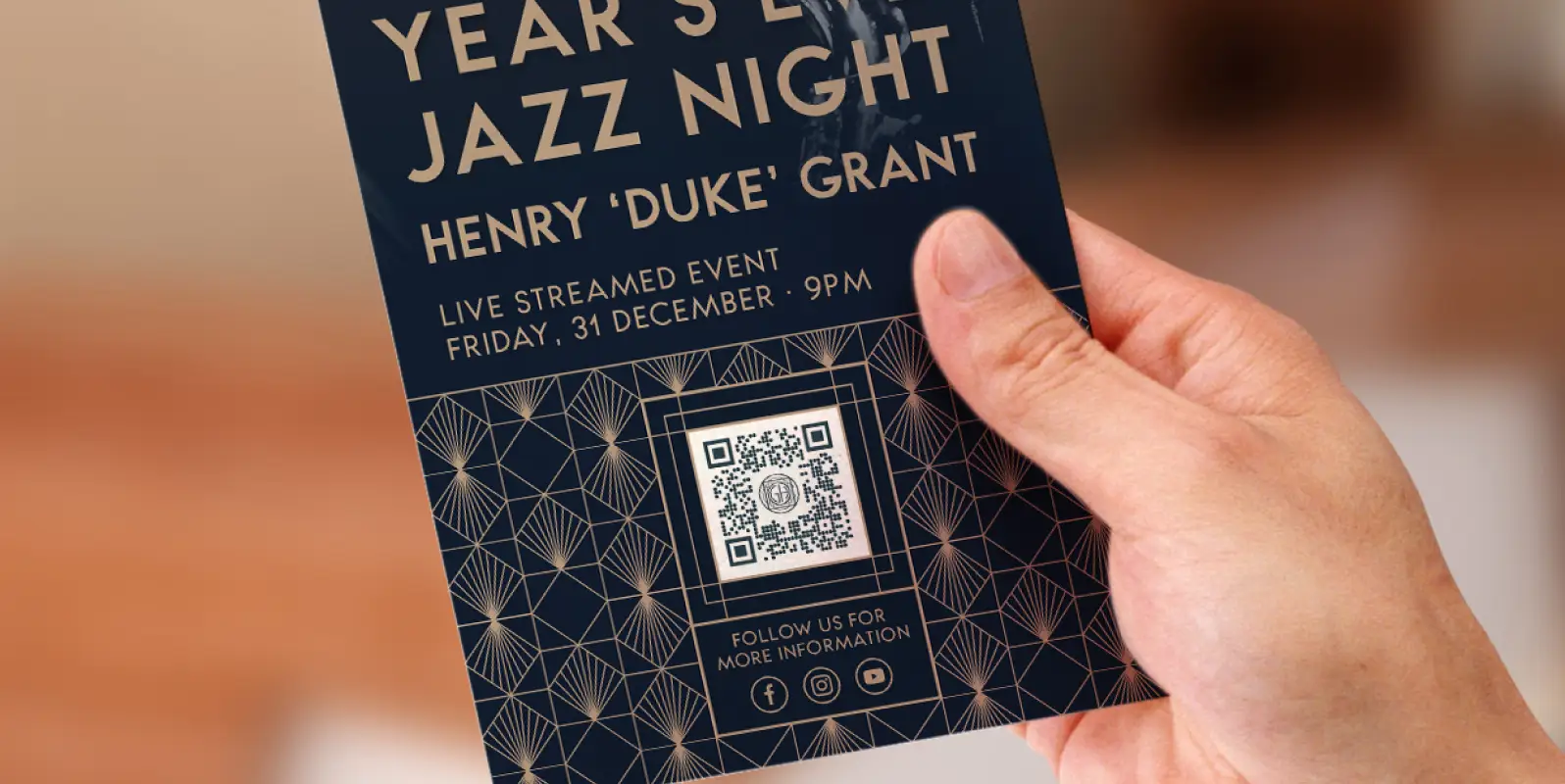 Closeup of a hand holding a hotel's jazz night event brochure containing a QR Code.