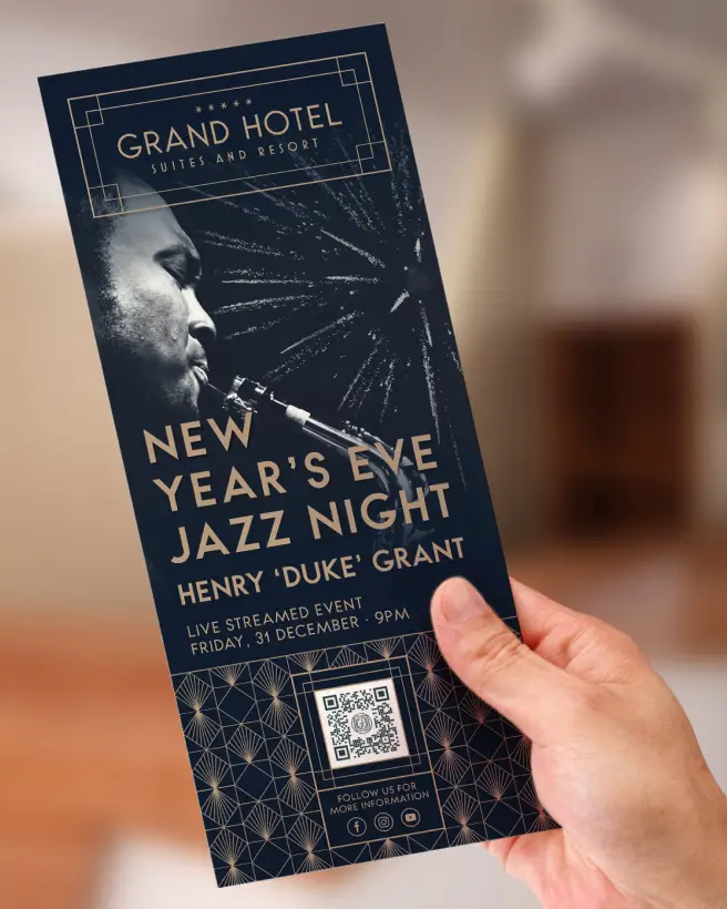 Closeup of a hand holding a hotel's jazz night event brochure containing a QR Code.