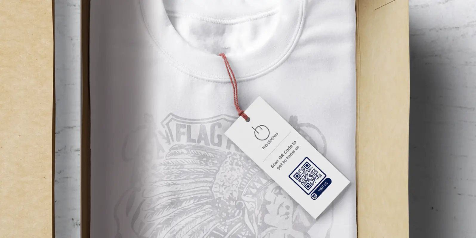 White tshirt with a hang tag displaying a QR Code.