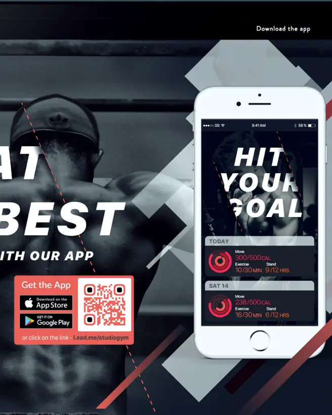 An advertisement for a fitness app with a QR Code for download.