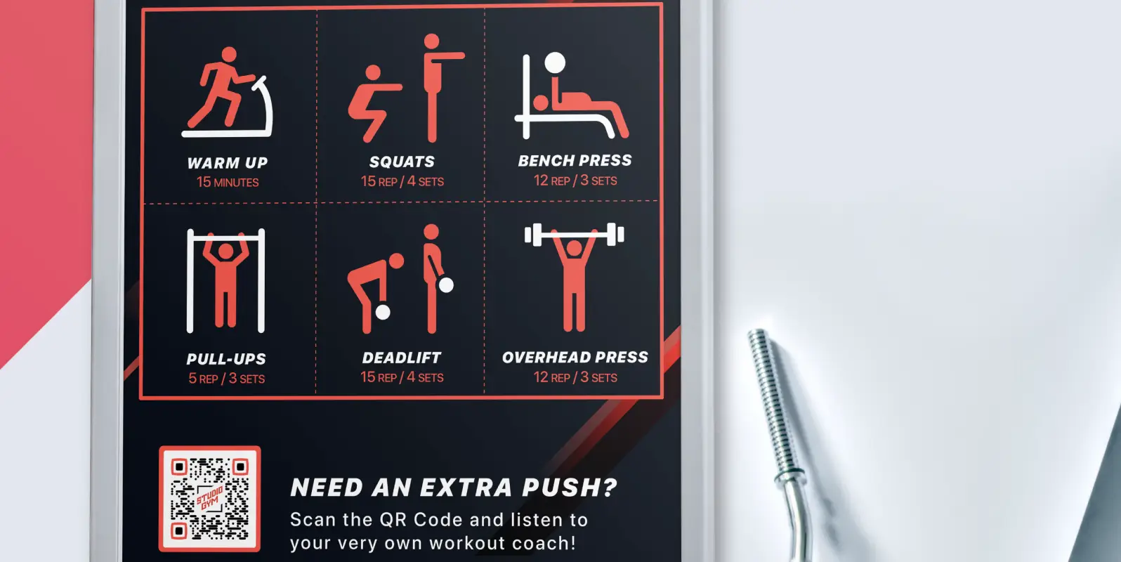 Poster for a daily workout routine with a QR Code to connect with a coach.