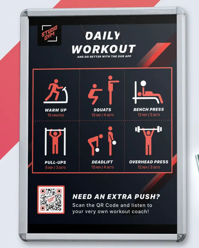 Poster for a daily workout routine with a QR Code to connect with a coach.