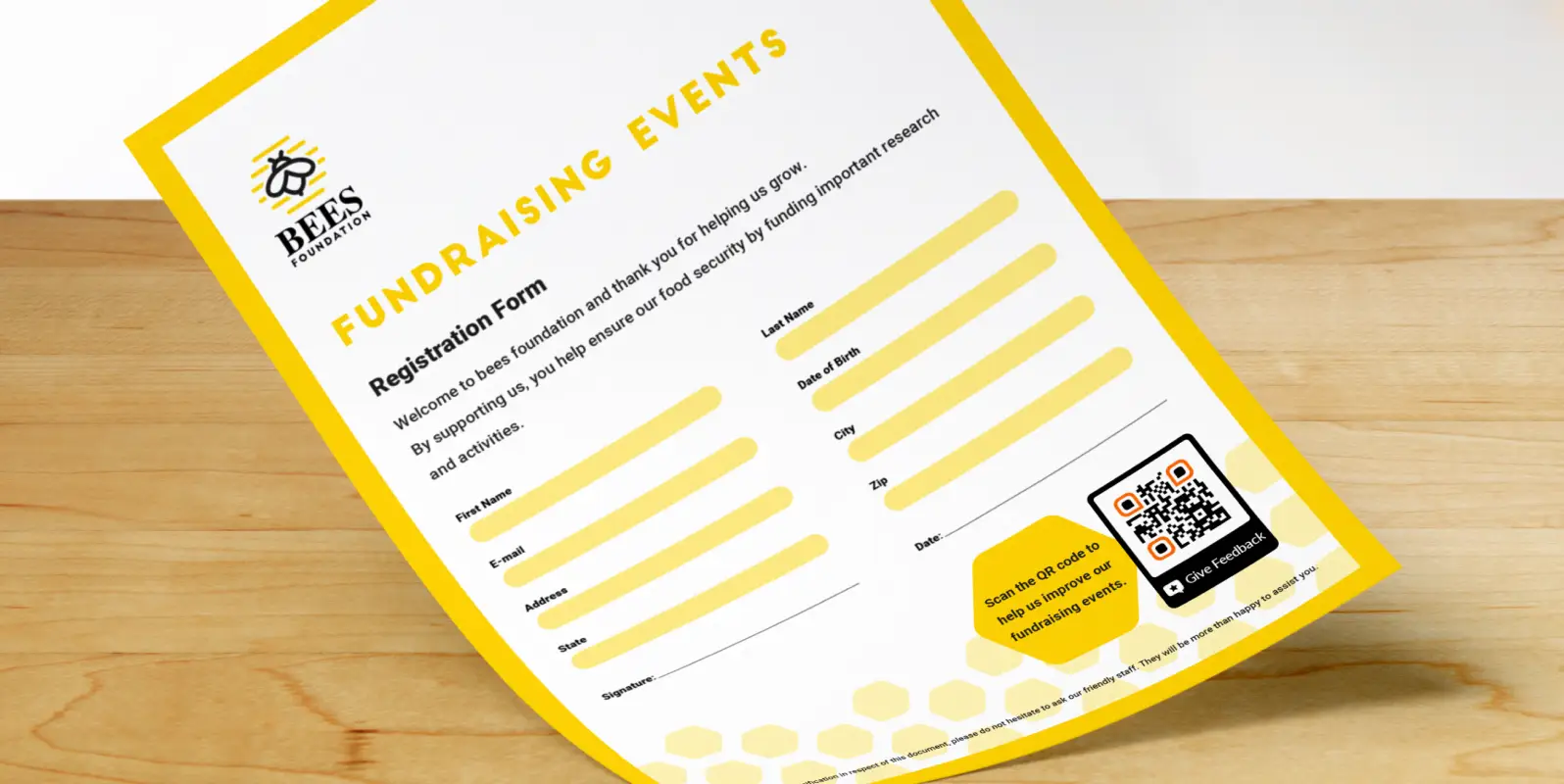 A registration form for a fundraising event. A QR Code in the bottom right corner allows attendees to provide feedback.