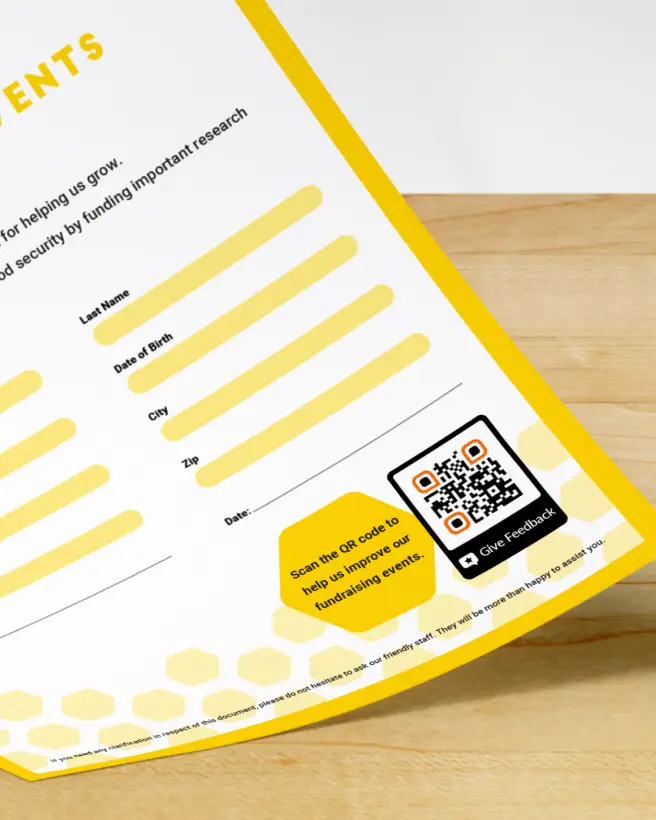 A registration form for a fundraising event. A QR Code in the bottom right corner allows attendees to provide feedback.