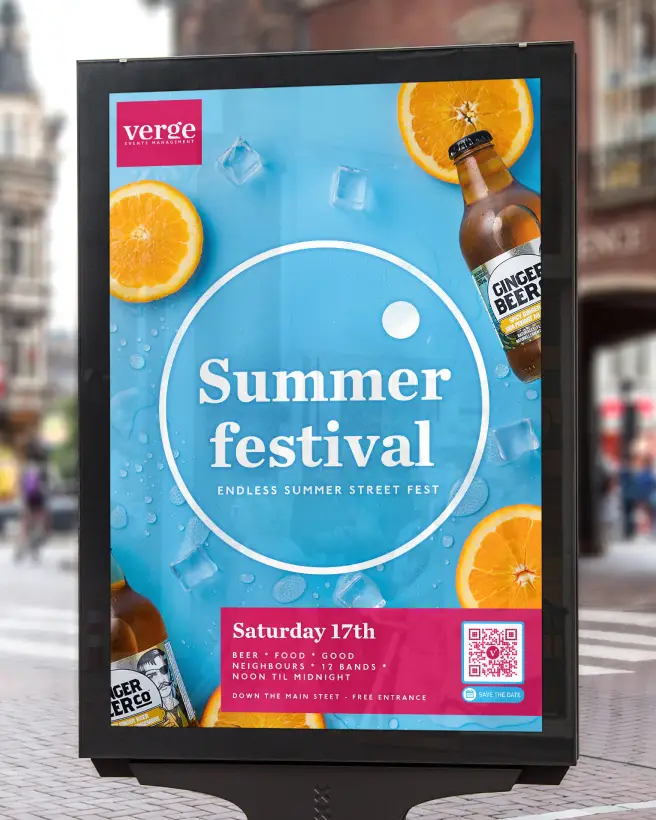 An outdoor advertisement for a summer festival. A QR Code is featured to save the date.