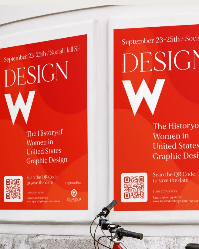Two identical red posters for a graphic design event. They feature a QR Code for scanners to save the date.