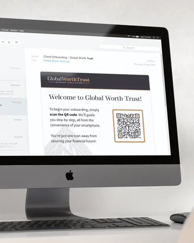 A desktop screen displaying a welcome email from a finance company with a QR Code to start onboarding.
