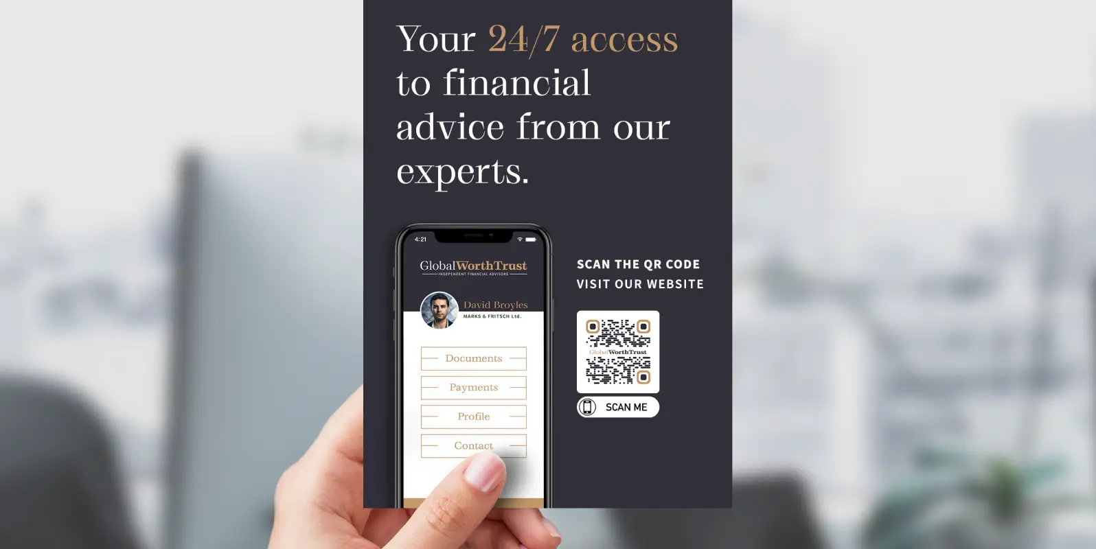 Hand holding a finance company's leaflet with a QR Code on it.