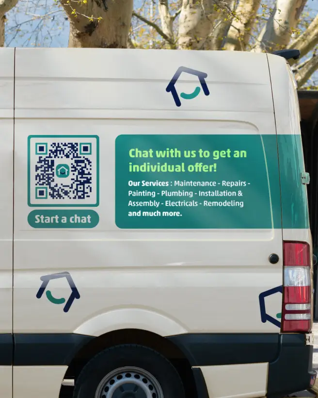 Happy House Crew company van with a QR Code on it to start a chat and information about its services.