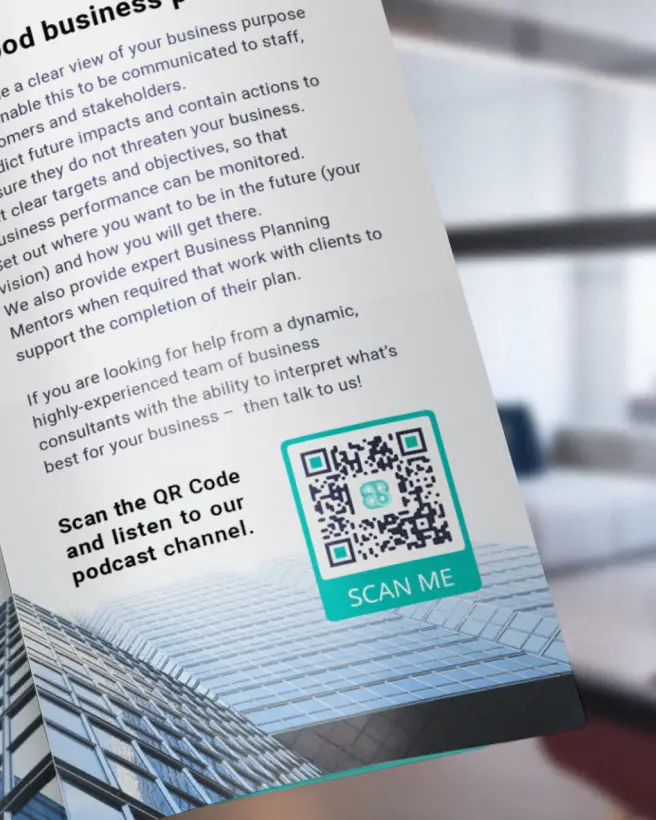 Information brochure for a business consultancy service with a QR Code on it to access its podcast channel.