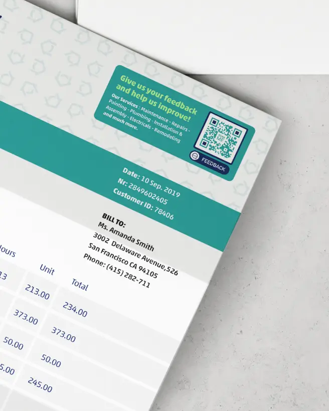 Closeup of a customer invoice with a feedback QR Code in the top right corner.