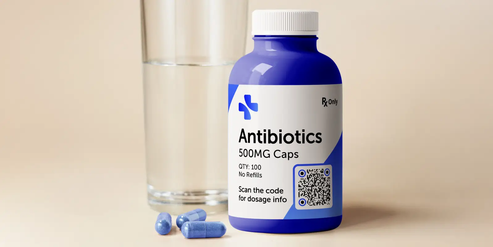 A glass of water, three blue pills, and a blue pill bottle with a QR Code on it for dosage information.