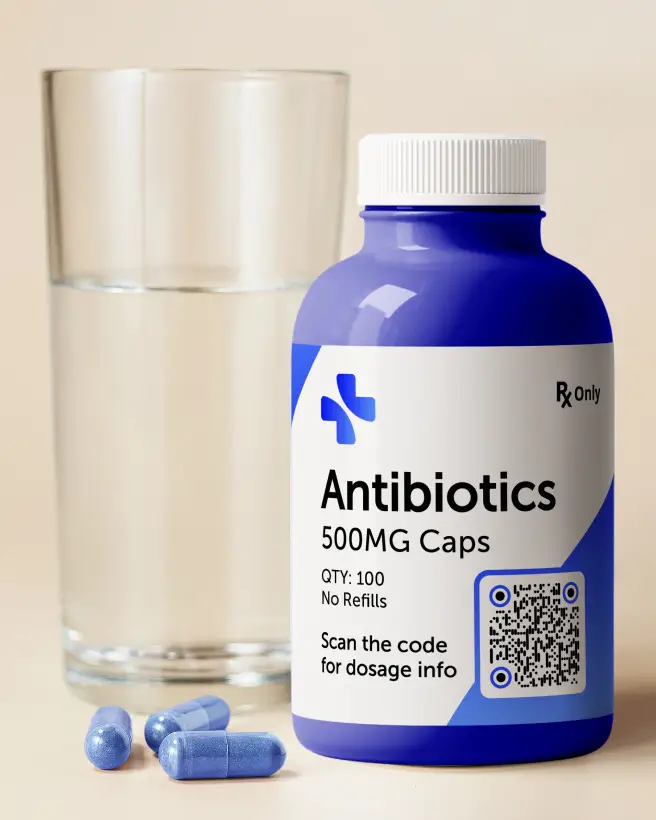 A glass of water, three blue pills, and a blue pill bottle with a QR Code on it for dosage information.