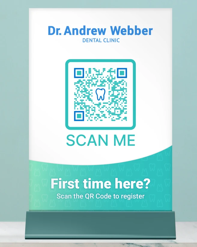 Tabletop sign with a QR Code to scan and register for first-time patients.