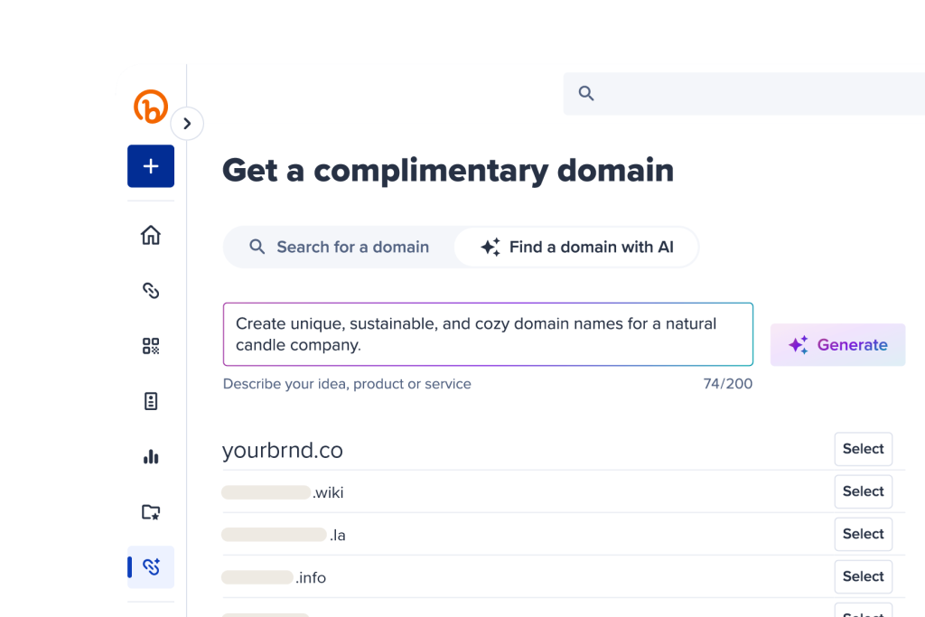 Product screenshot of Bitly find a domain with AI tool on mobile
