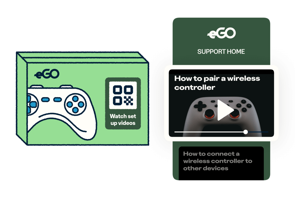 Video game box with QR code for instructions on how to pair controller