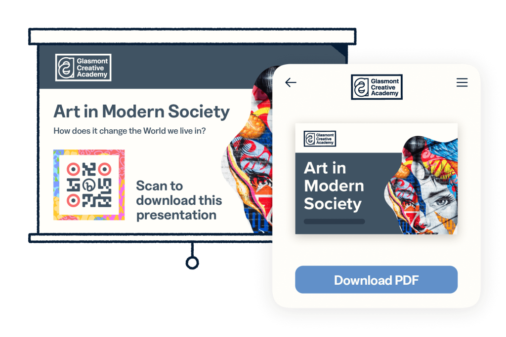 Presentation with a QR Code on a projector pull down and the linked Download PDF presentation landing page