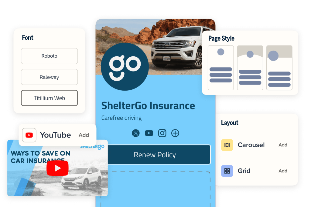 A company's Link-in-bio with examples of all the customization options around it