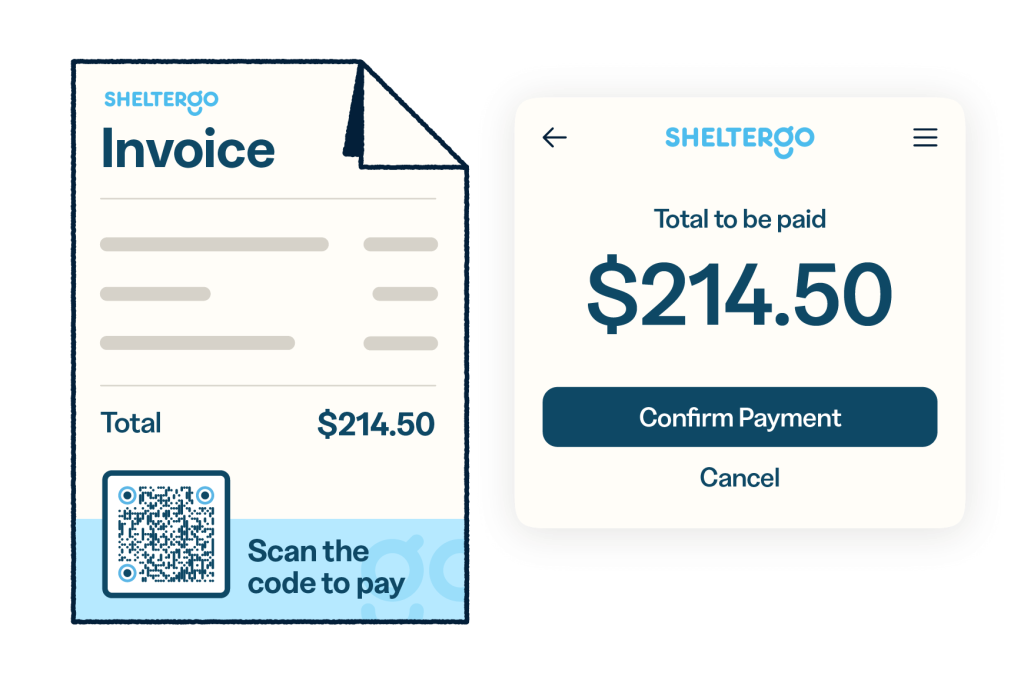 An invoice with a QR Code at the bottom and a confirm payment page