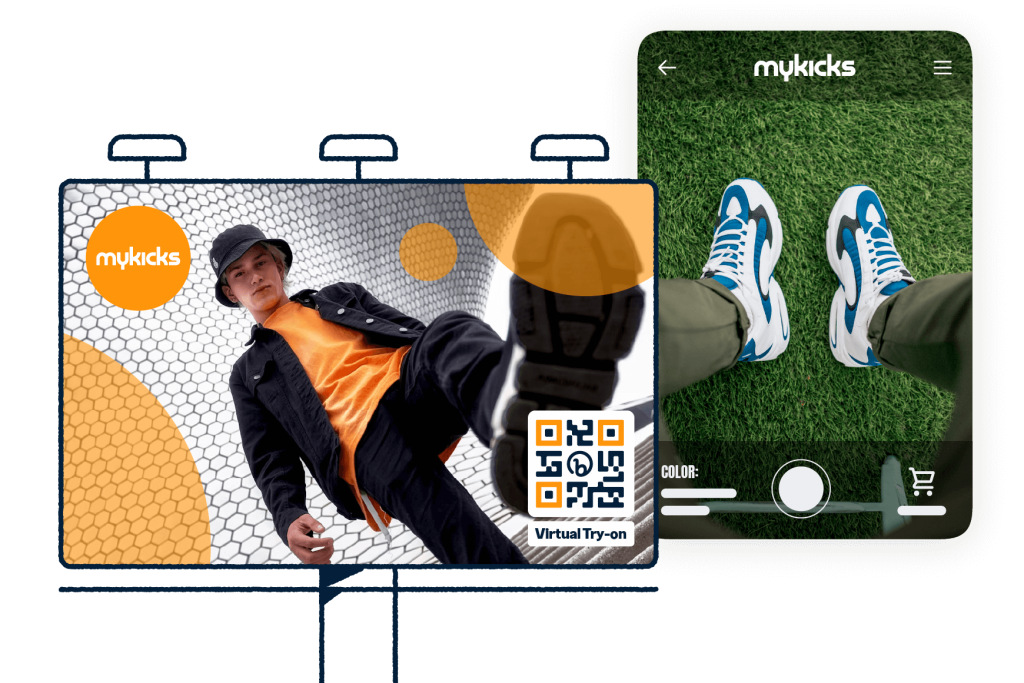 Shoe advertisement with a QR Code on a billboard and an example of the company's landing page after scanning