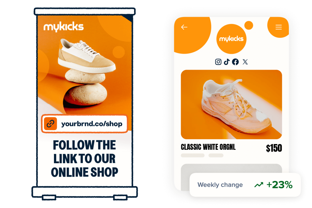 A company's banner for their online shop, a short link, and a weekly change statistic