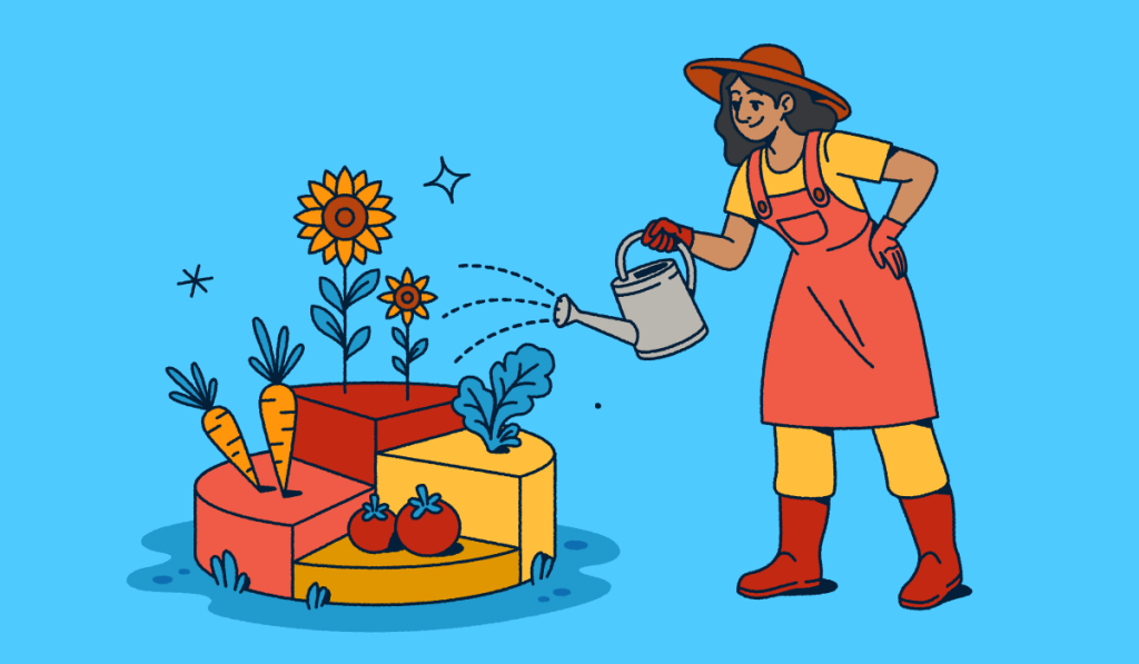 Illustration of a gardener wearing a hat and overalls watering a modular garden with different sections containing vegetables and flowers. The segmented garden plots represent data visualization concepts for analytics, data segmentation, and measuring growth through metrics.