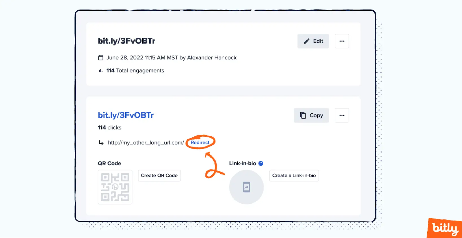 A screenshot showcasing where to find the 'Redirect' option from the 'Links' page