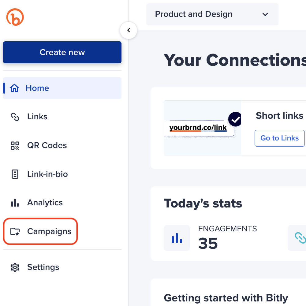 A screenshot depicting where to click to find 'Campaigns' in the Bitly left sidebar